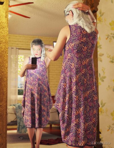 Purple floral dress, 3D SHARDS, high-quality Daz3D assets, digital artwork, fashion modeling, realistic textures, character design, interior setting, detailed clothing rendering, artistic digital composition.