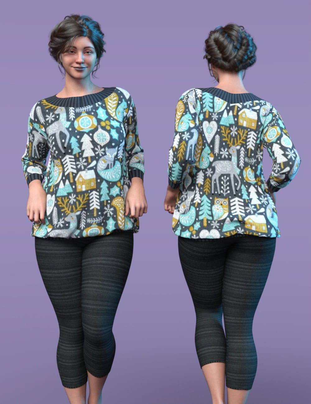 Front and back views of woman wearing winter patterned tunic and dark capri leggings.
