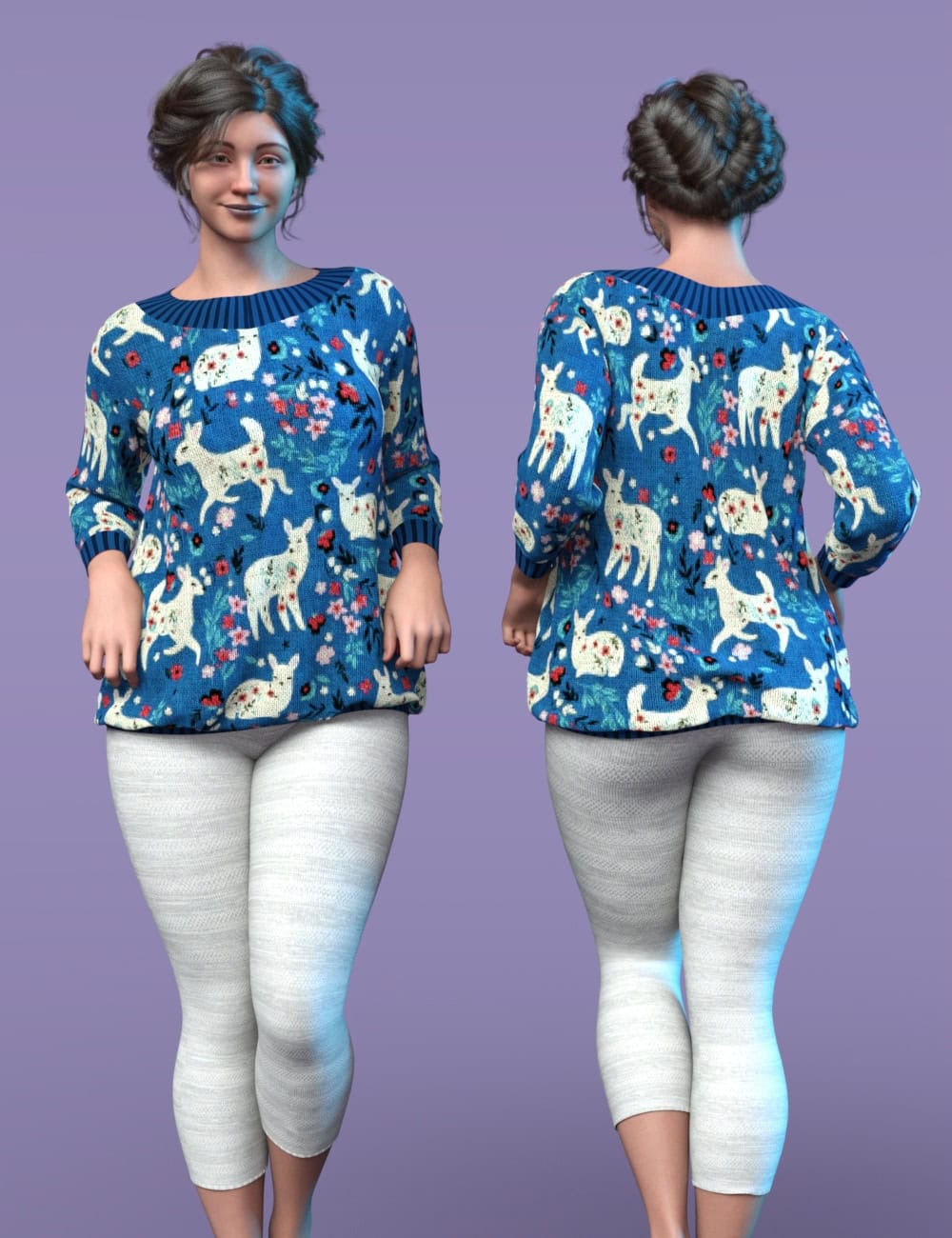 Front and back views of woman wearing blue cat-print sweater and gray cropped leggings.