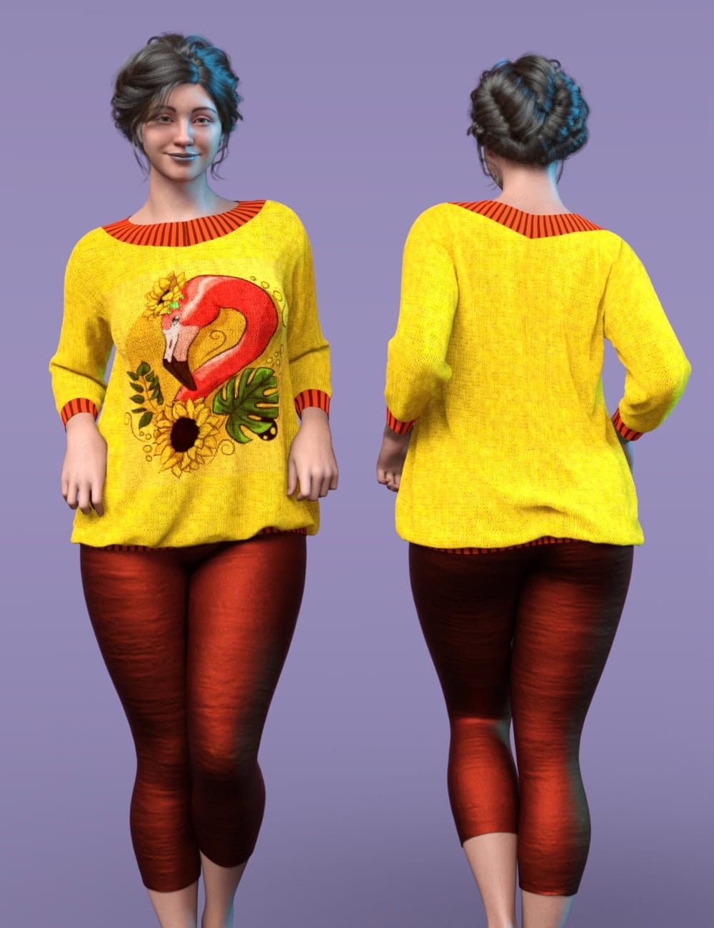 Front and back views of 3D female model in yellow flamingo sweater and cropped leggings.