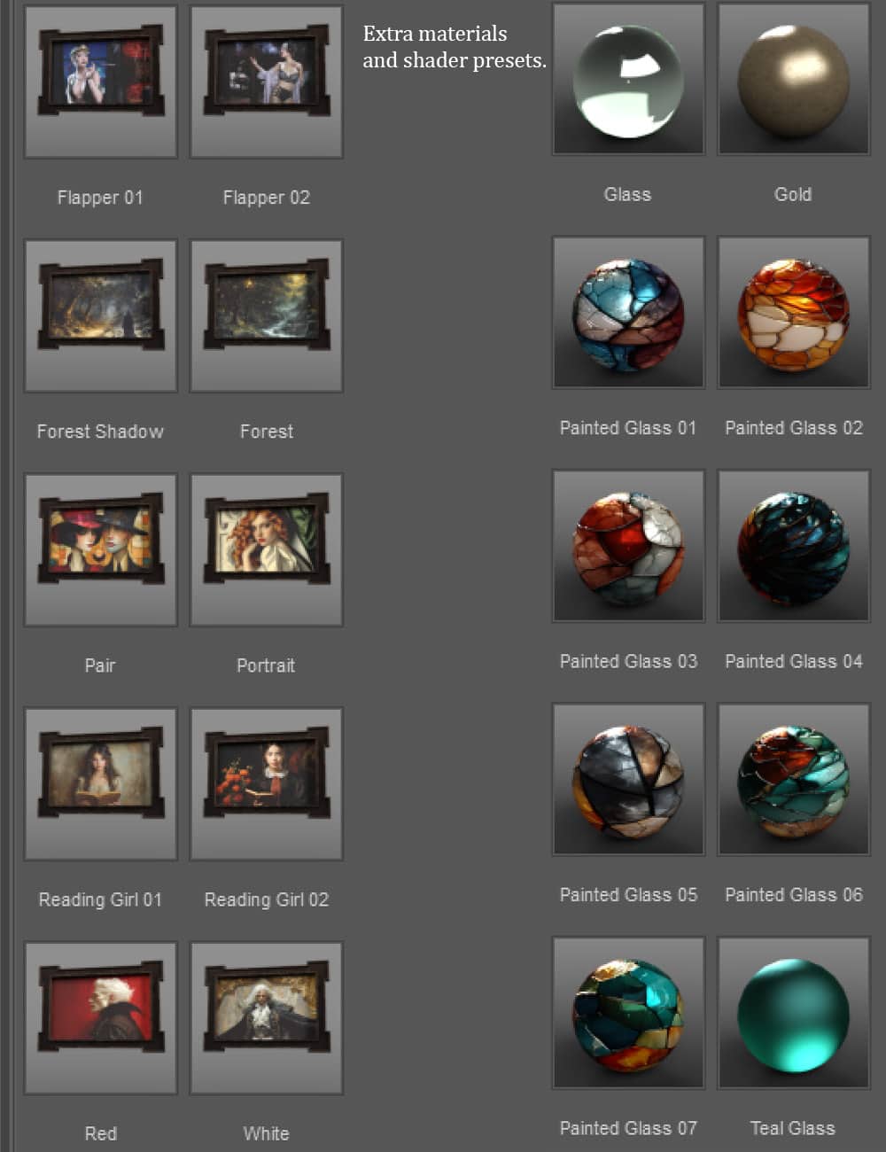 Deco office framed art, gold, glass, and colorful painted-glass material presets.