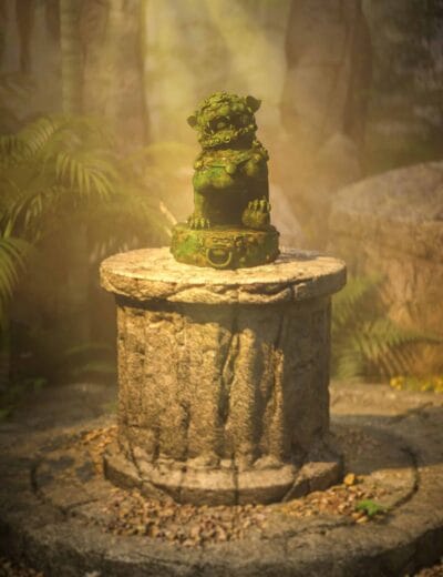 Weathered Chinese guardian lion statue in a sunlit jungle temple ruin.