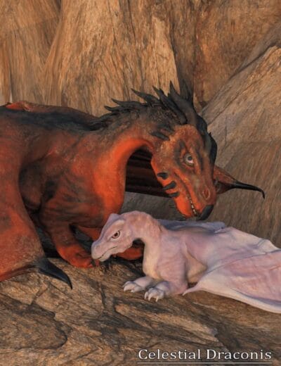 Red dragon protecting a pale young dragon in a mountain cave