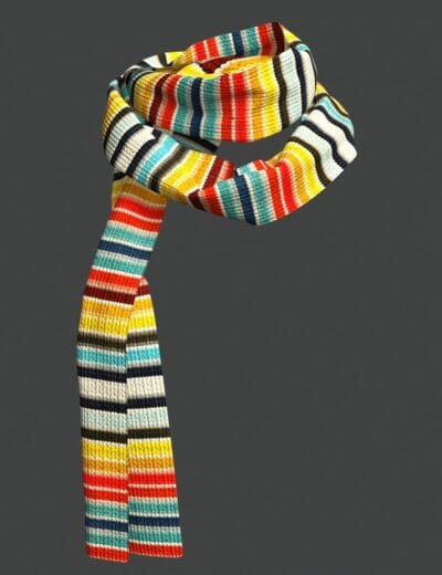 Colorful ribbed knit scarf for Genesis 9 with bright striped winter yarn