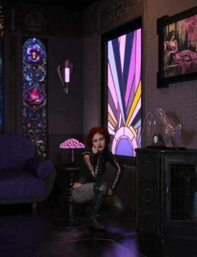 Red-haired woman in gothic office with glowing stained glass windows