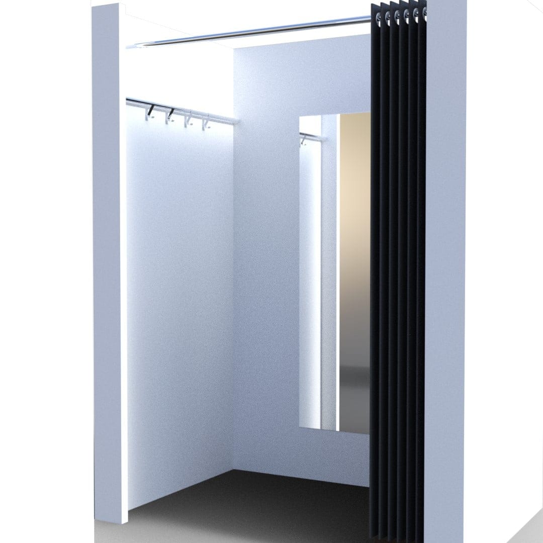 Modular Fitting Room Set for DAZ Studio with Props & Shaders 7 DAZ changing room with open dark curtain, full-length mirror, and soft lighting