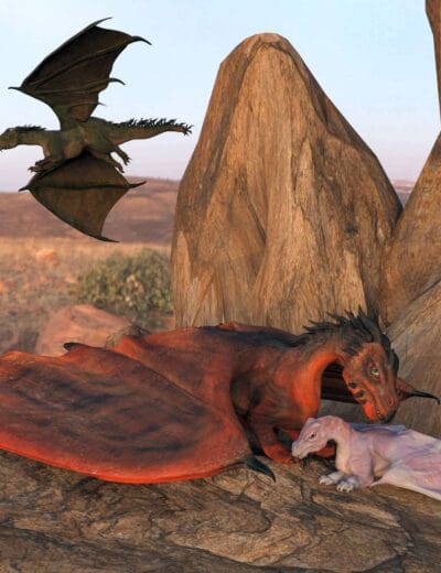 Red dragon protects baby dragon on sunlit desert canyon rocks.