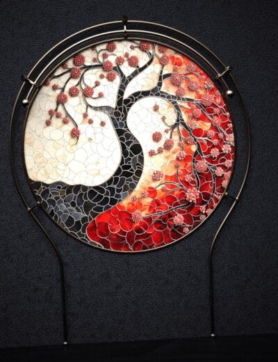 Stained glass yin-yang blossom tree with red and cream panels on metal stand