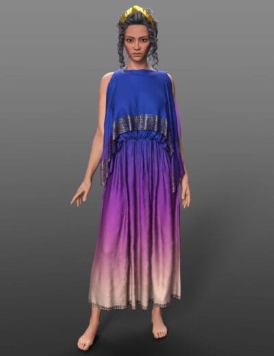 Ancient Greek chiton 3D model with blue-violet drapery and gold headband