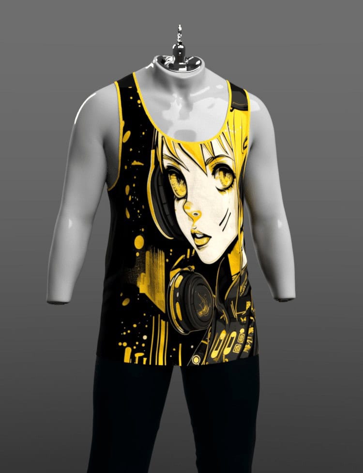 Dynamic dForce Athlete Character for Genesis 9 – Unisex Model 4 Yellow cyberpunk anime girl tank top with headphones on mannequin