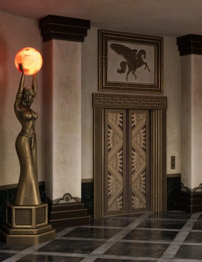 Art Deco elevator hallway with bronze doors, Pegasus relief, and glowing statue lamp