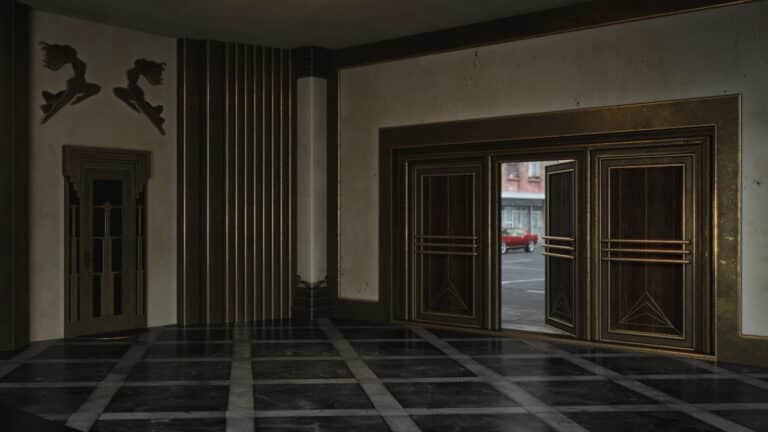 Vintage Art Deco hallway with ornate doors and polished checkered floor