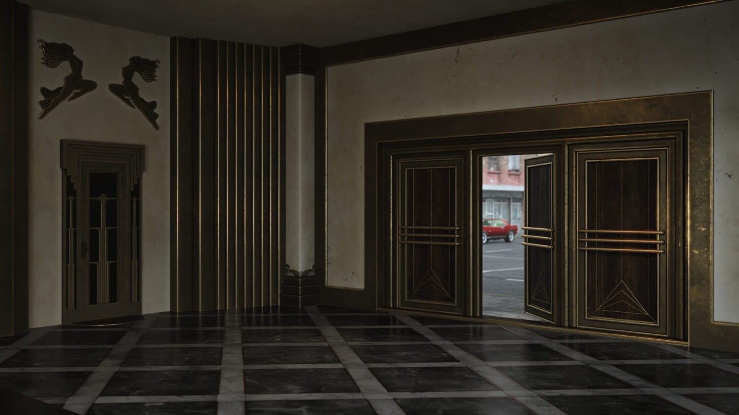 Vintage Art Deco hallway with ornate doors and polished checkered floor