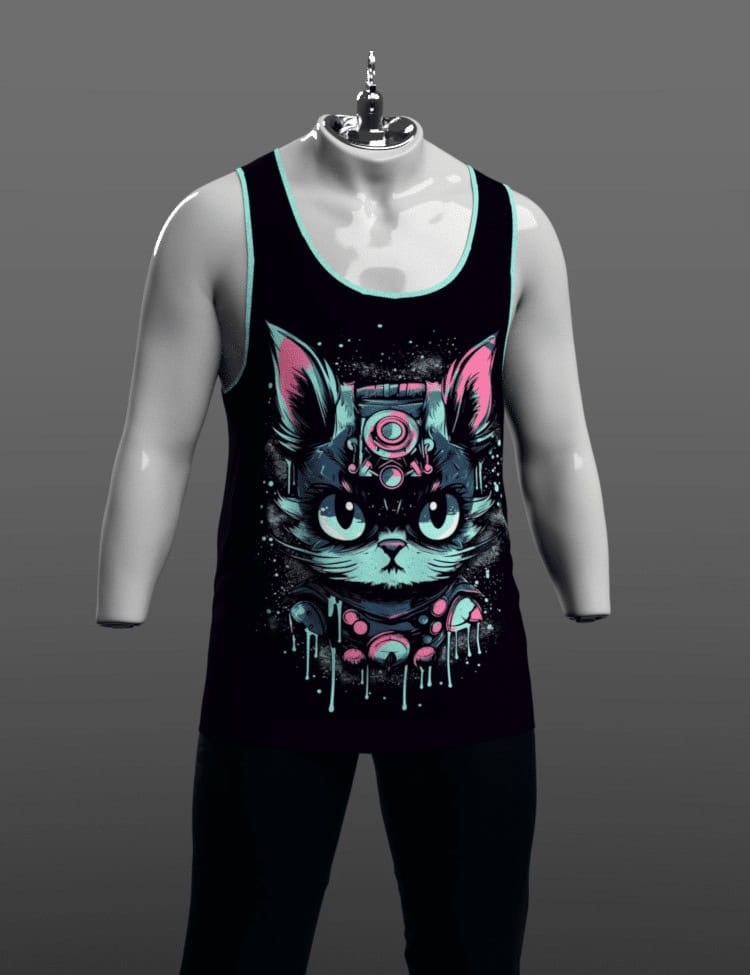 Dynamic dForce Athlete Character for Genesis 9 – Unisex Model 5 Black cyber cat graphic tank top with blue trim on mannequin