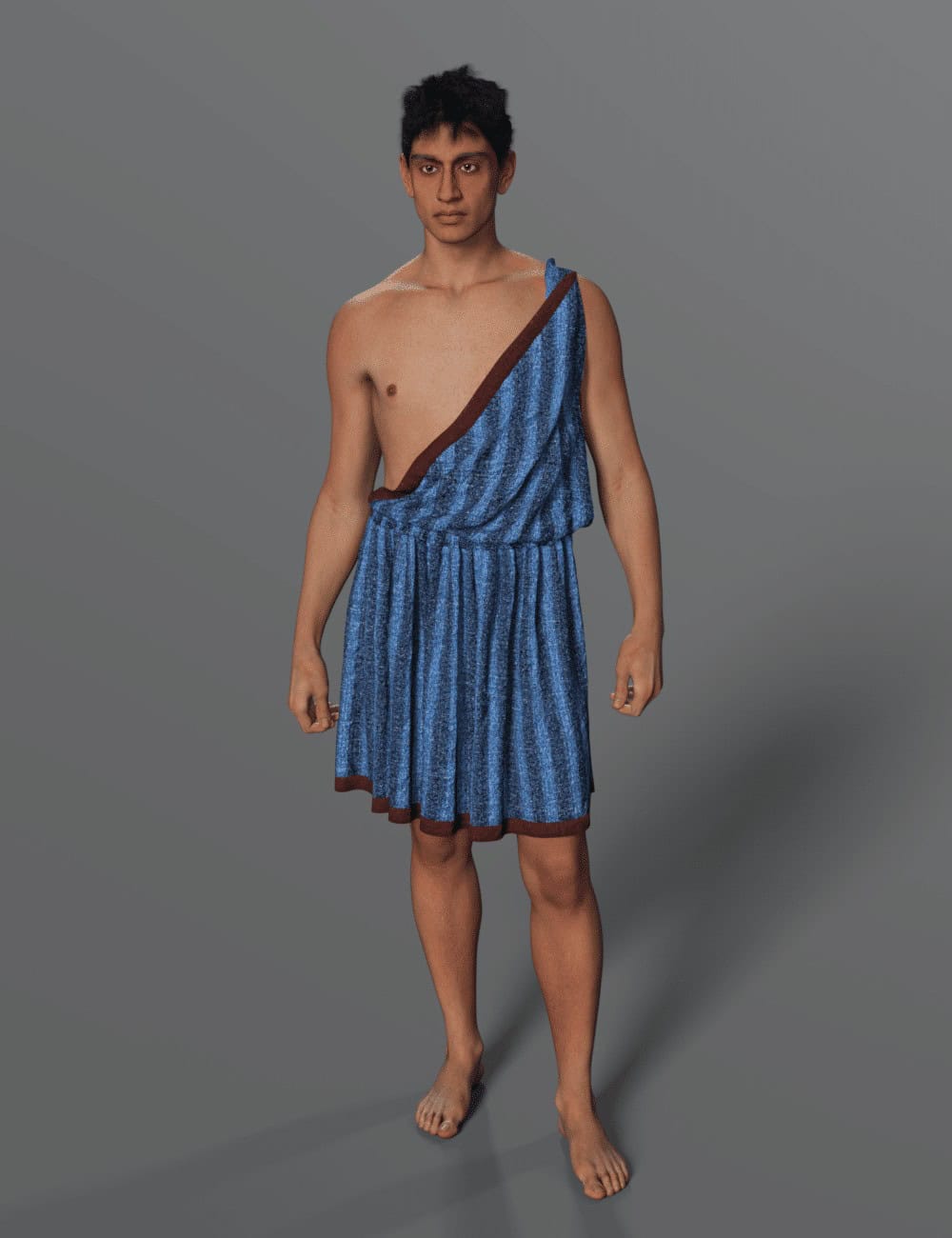 Dorian Chiton Genesis 9: Historical & Fantasy Outfit 3 Daz Studio male figure wearing a blue one-shoulder Dorian chiton.