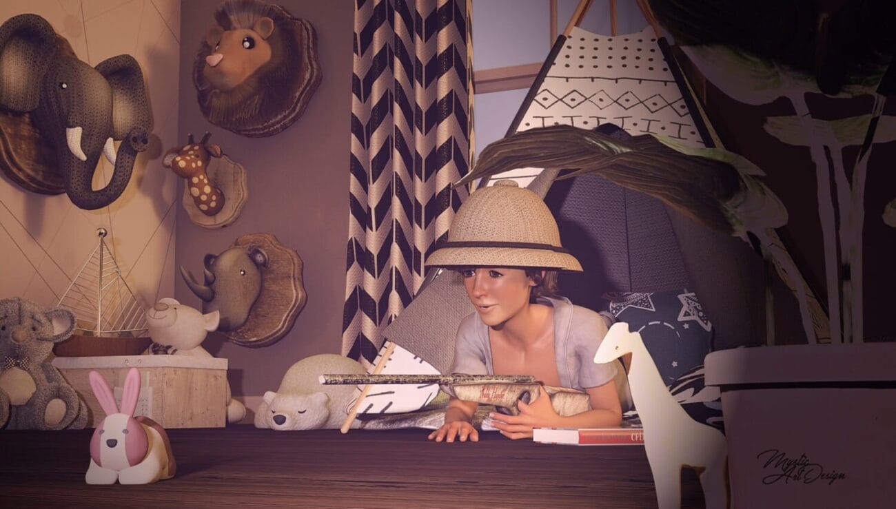 Little girl explorer crawling from safari teepee in cozy playroom with plush animals