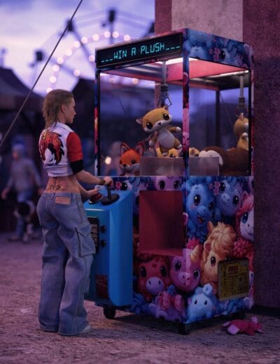 Young woman playing plush toy claw machine at a colorful carnival