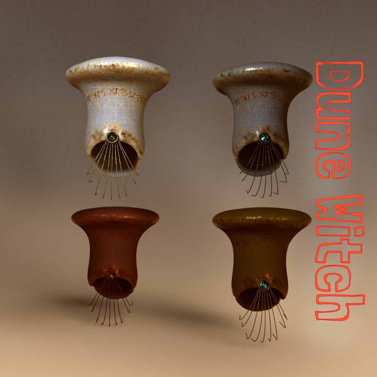 Dune Witch sci-fi alien artifacts with glowing gem eyes and wire tendrils