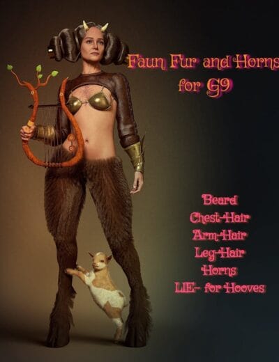 Fantasy female faun with horns, fur, lyre, and baby goat for Genesis 9