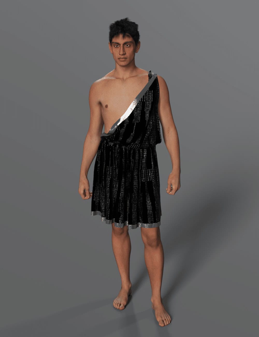 Dorian Chiton Genesis 9: Historical & Fantasy Outfit 9 Daz Studio male model wearing black Dorian chiton with silver trim