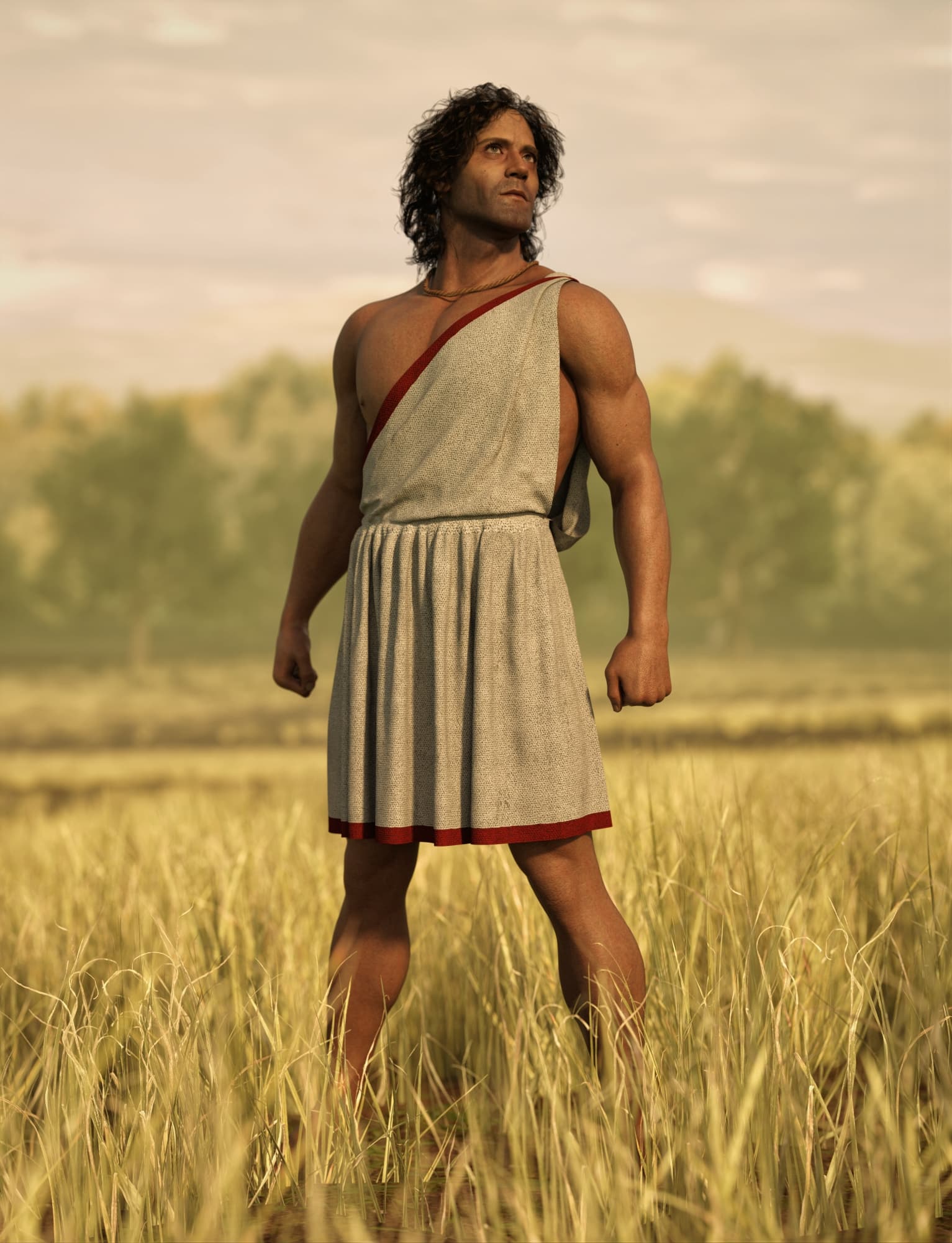 Dorian Chiton Genesis 9: Historical & Fantasy Outfit 1 Daz Studio muscular hero wearing Dorian chiton in sunlit golden field