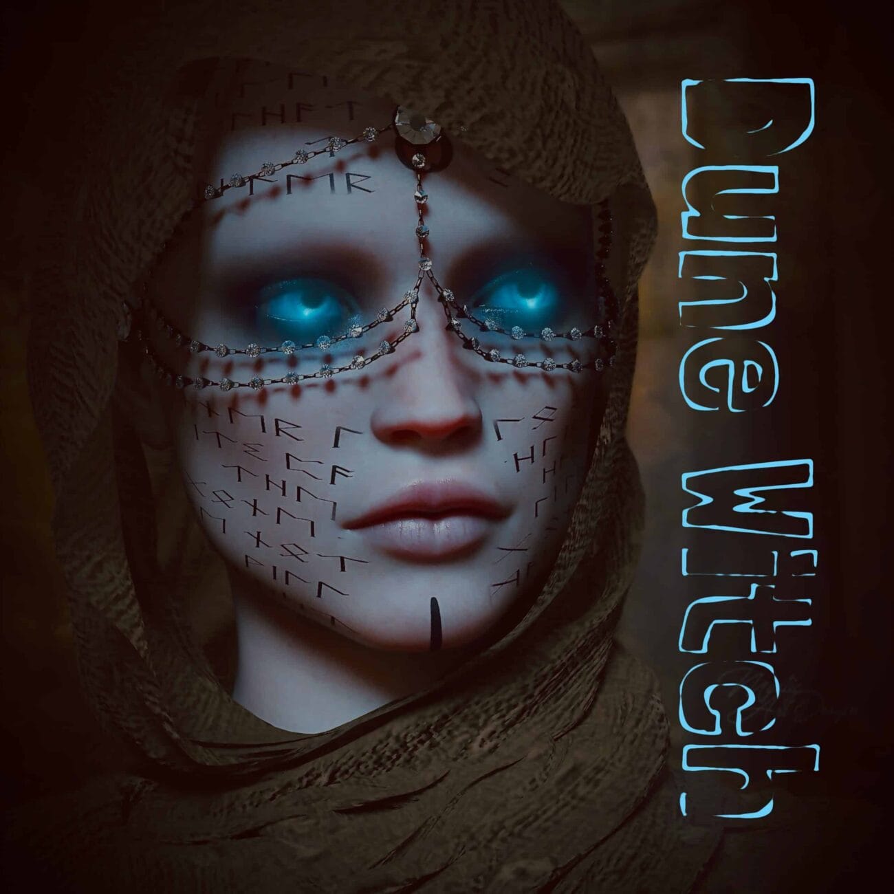 Glowing-eyed dune witch with arcane runes and hooded desert cloak