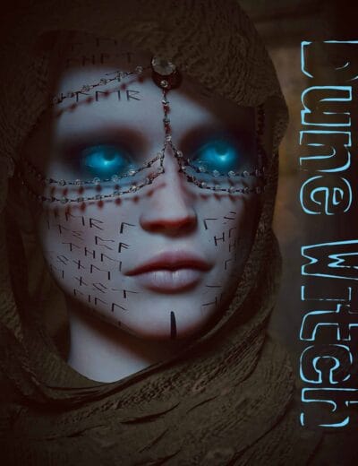 Glowing-eyed dune witch with arcane runes and hooded desert cloak