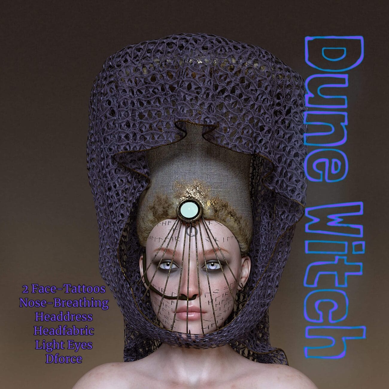 Dune Witch 3D portrait with glowing eyes, face tattoos, and futuristic headdress