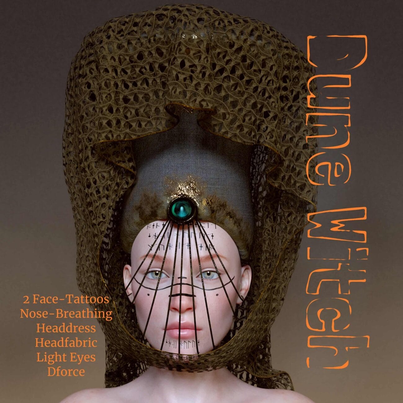 Dune Witch portrait with glowing eyes, black face tattoos, and jeweled bronze headdress