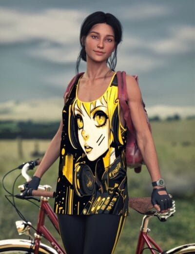 Young woman cyclist with anime graphic top posing with vintage red bicycle in countryside