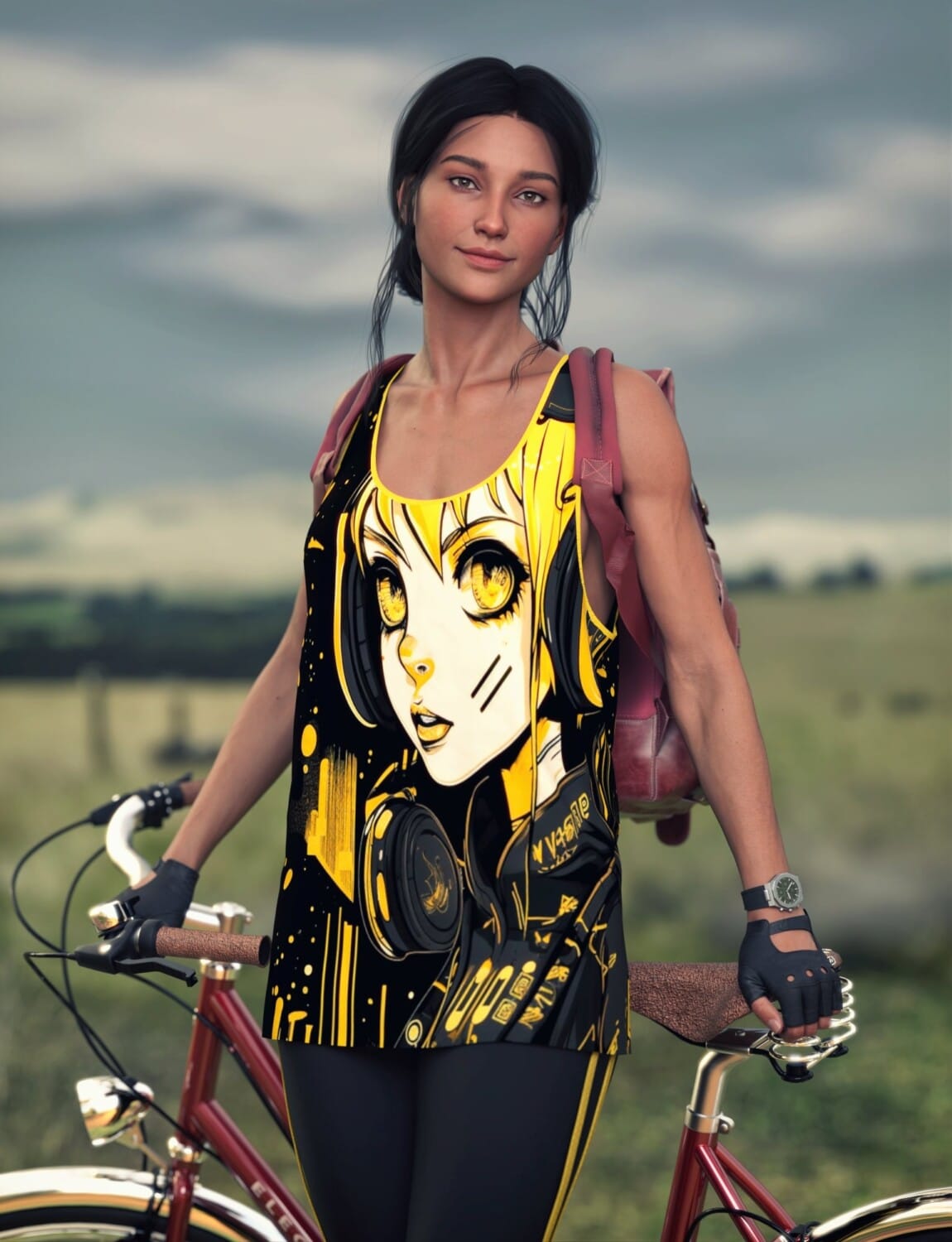 Dynamic dForce Athlete Character for Genesis 9 – Unisex Model 1 Young woman cyclist with anime graphic top posing with vintage red bicycle in countryside