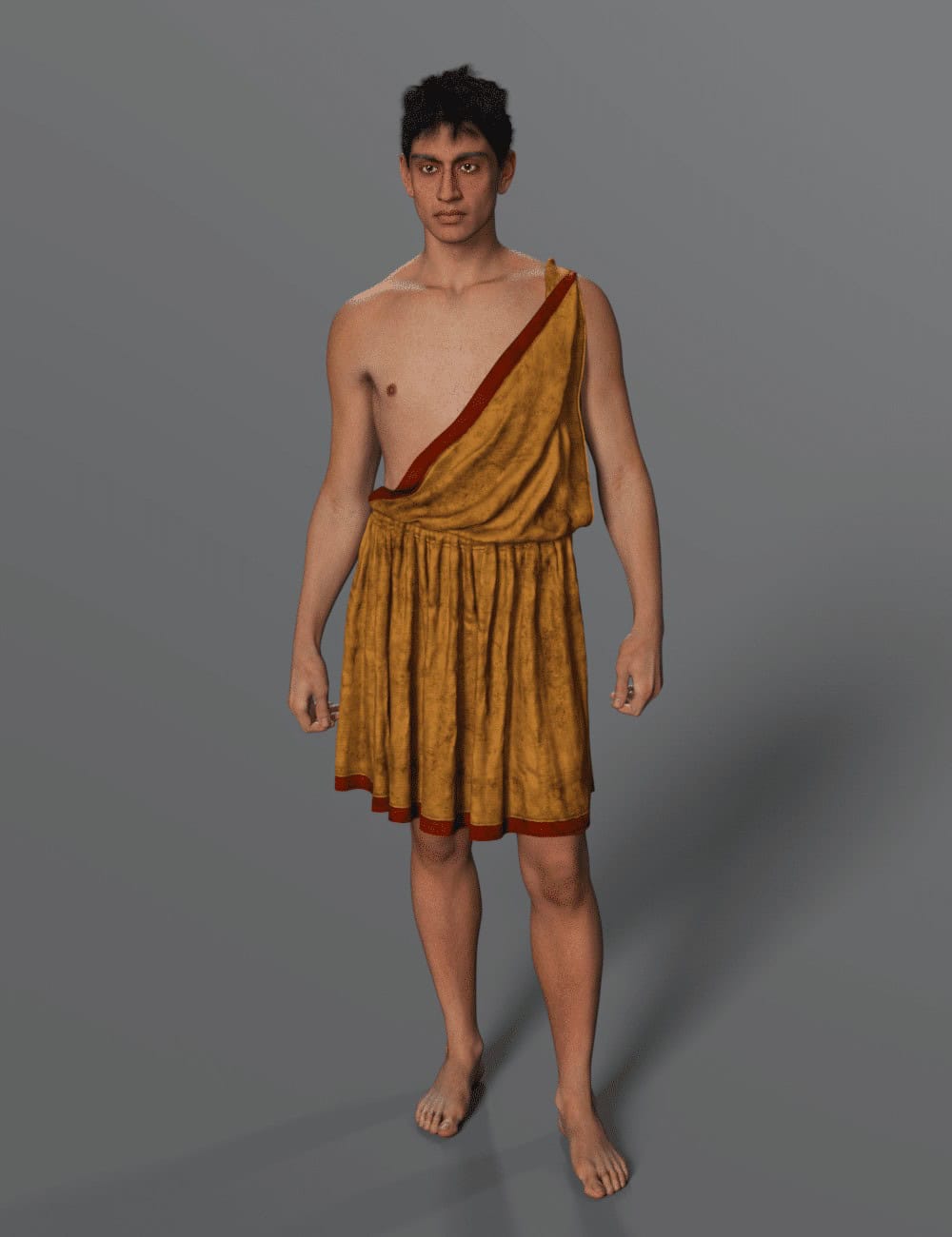 Dorian Chiton Genesis 9: Historical & Fantasy Outfit 7 Daz Studio male figure in golden Dorian chiton standing barefoot on gray background