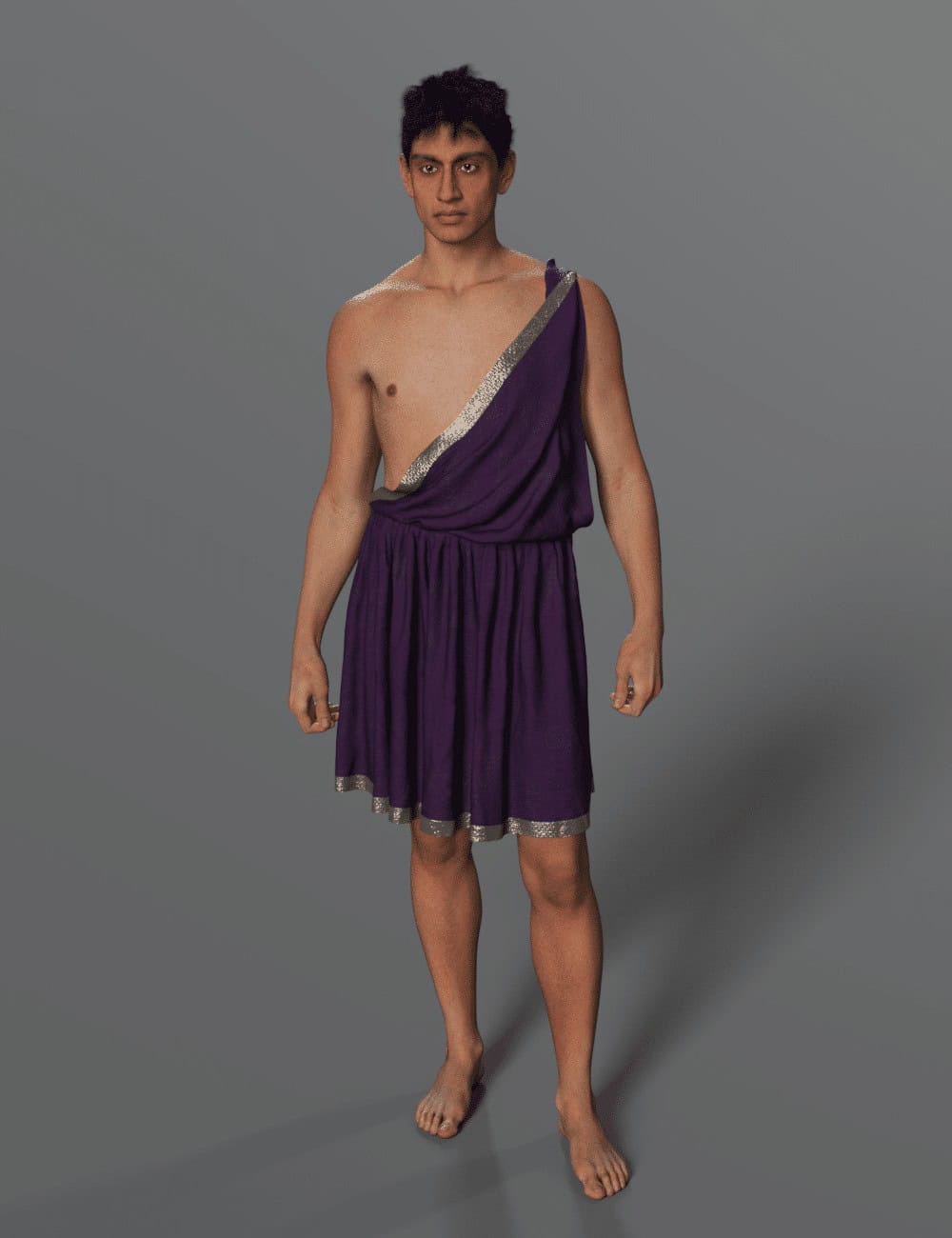 Dorian Chiton Genesis 9: Historical & Fantasy Outfit 6 Daz Studio male model in a purple Greek chiton with silver trim.