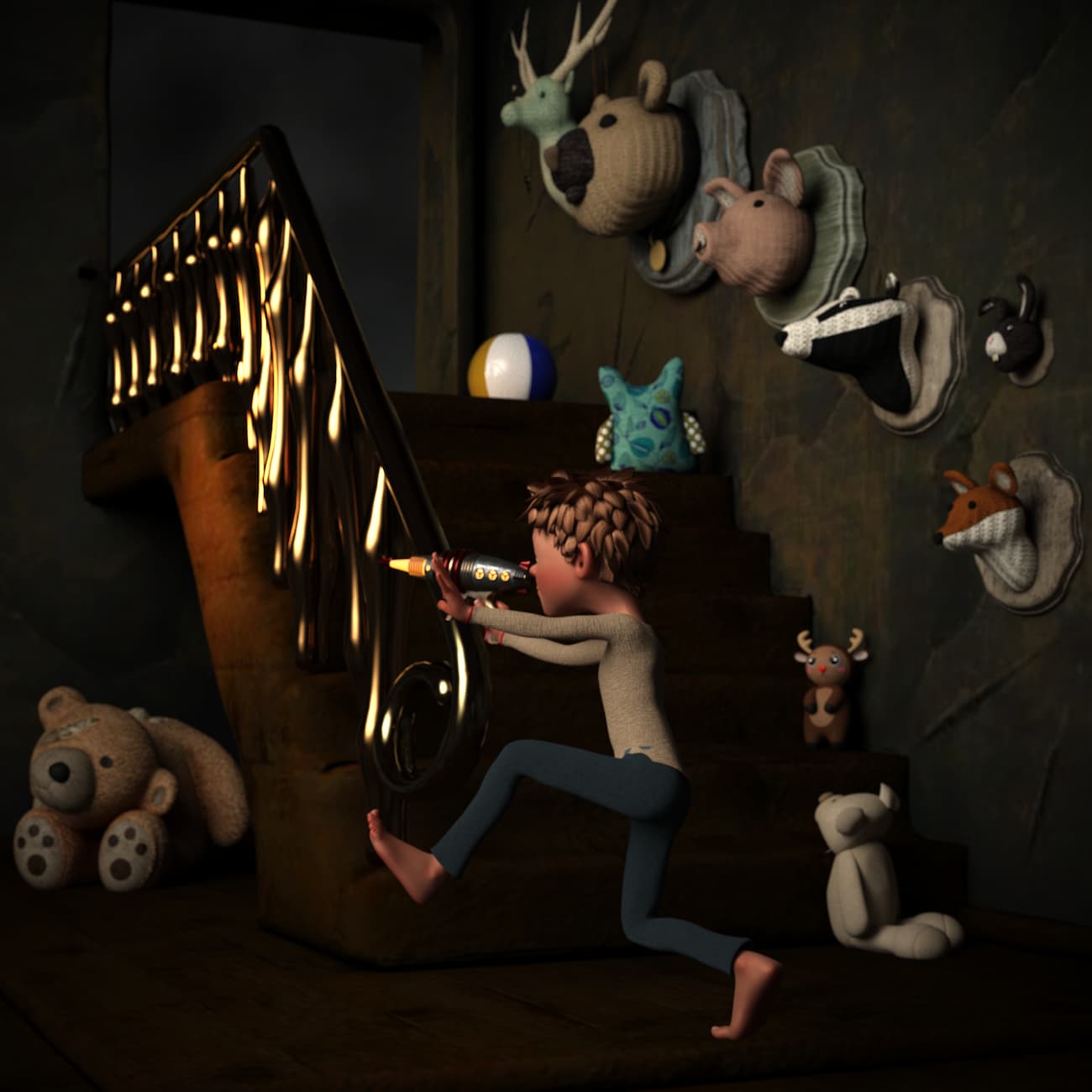 Hunter Trophy 5 Child climbs magical staircase with glowing crayon, plush toys, and knitted animal heads