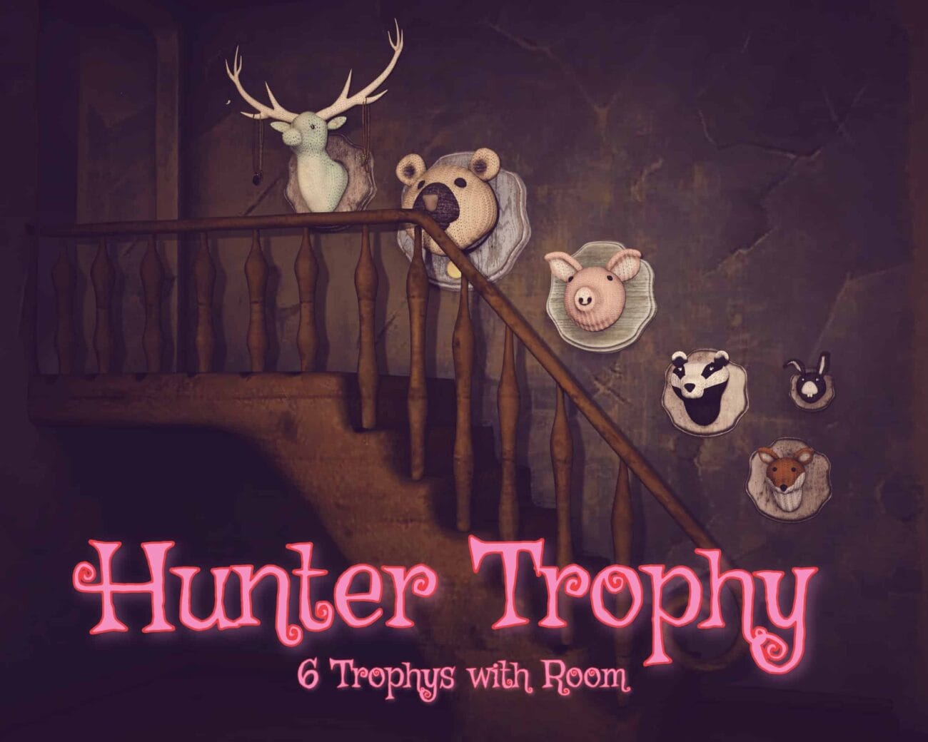 Plush animal trophy heads on rustic staircase wall, Daz Studio 3D model