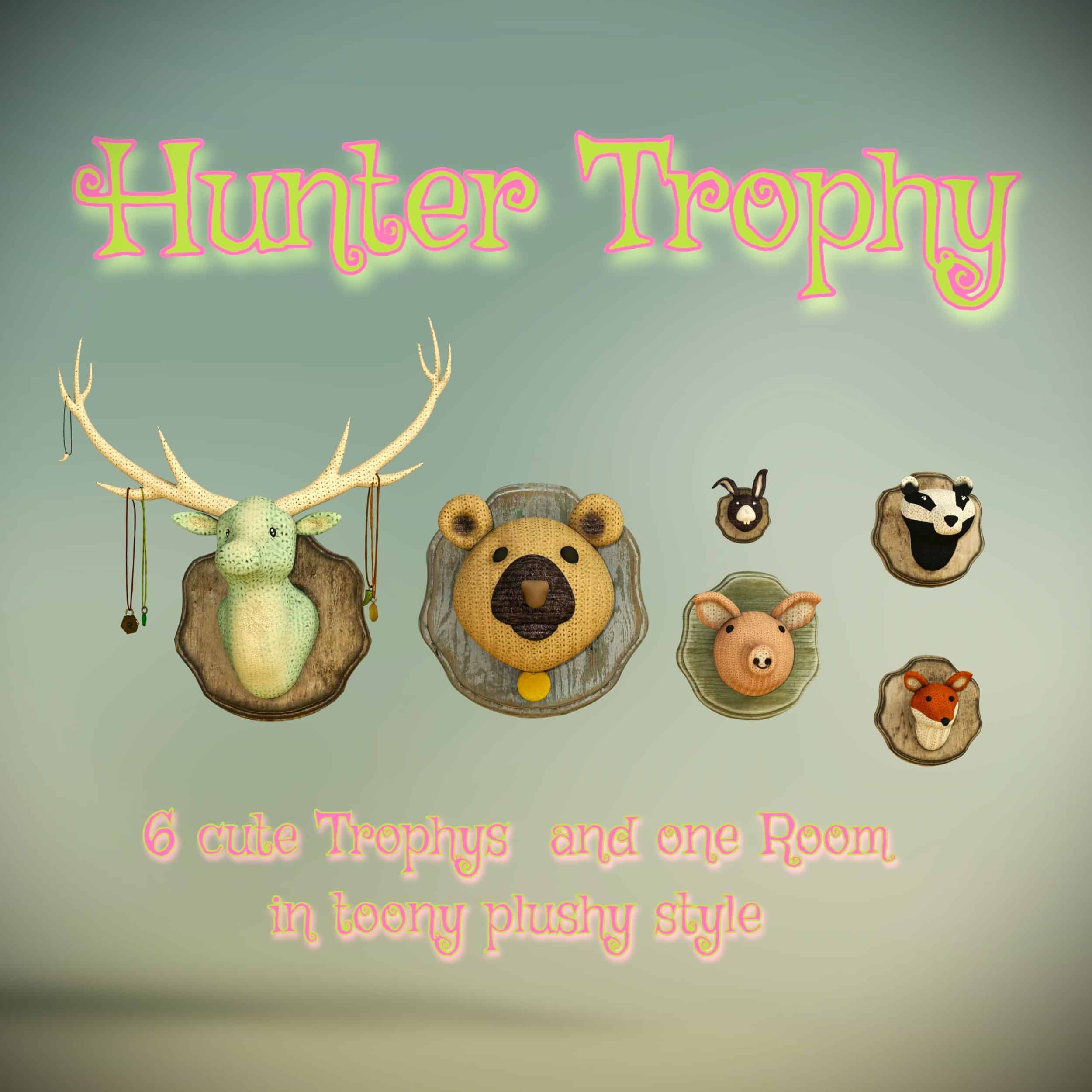 Hunter Trophy 2 Cute plush animal trophy heads for Daz Studio, mounted deer, bear, pig, badger, rabbit, fox