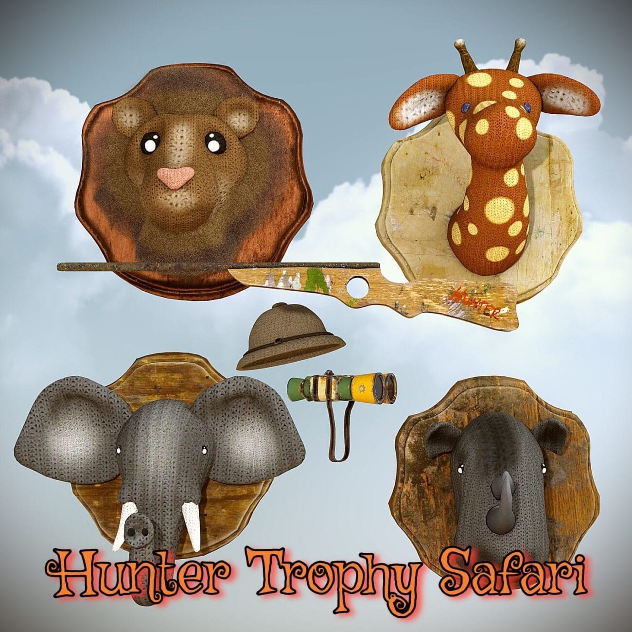 Plush safari animal trophy wall art with lion, giraffe, elephant, and rhino