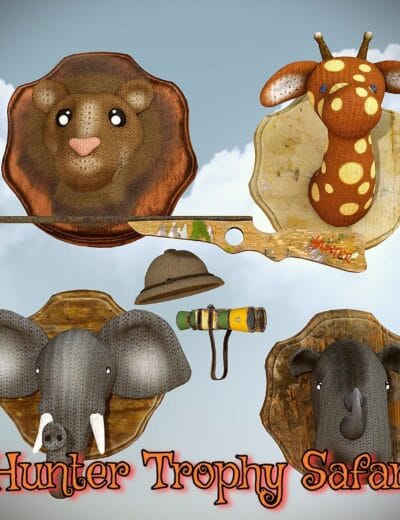 Plush safari animal trophy wall art with lion, giraffe, elephant, and rhino