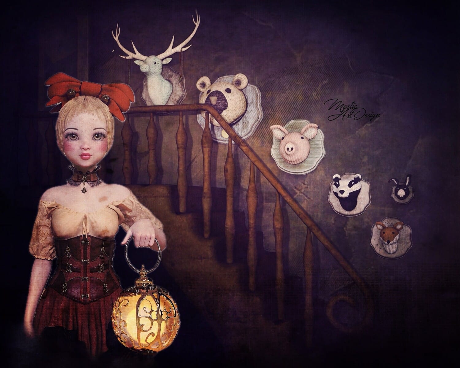 Hunter Trophy 4 Gothic girl with lantern on staircase lined with whimsical animal trophy heads