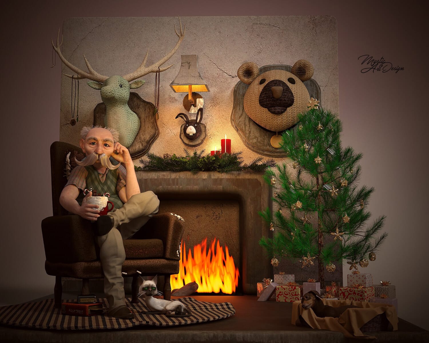 Hunter Trophy 3 Cozy gnome by fireplace with Christmas tree, gifts, rustic wall decor, and pets