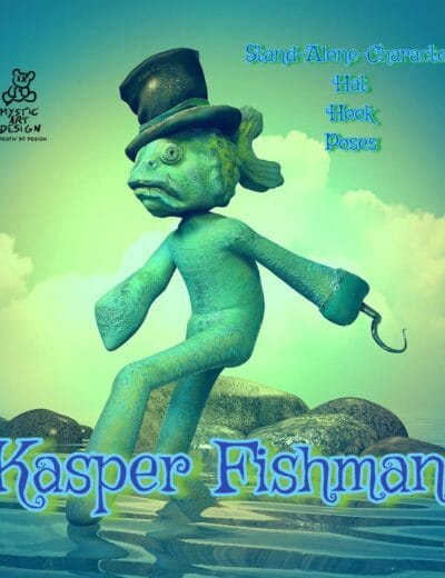 Kasper Fishman 3D character wearing top hat with hook hand in fantasy water scene