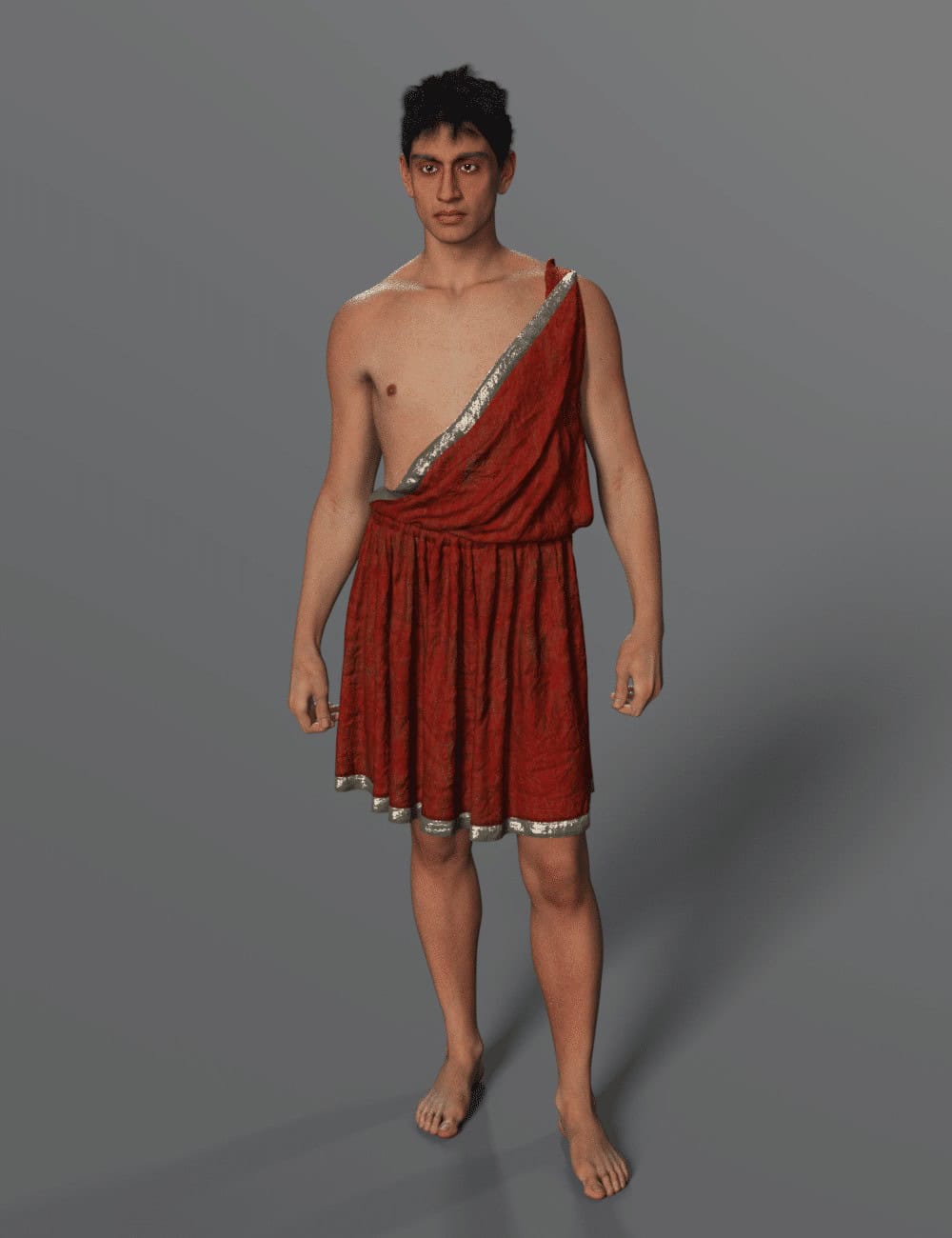 Dorian Chiton Genesis 9: Historical & Fantasy Outfit 8 Daz Studio male figure in reddish-brown Dorian chiton with silver trim.