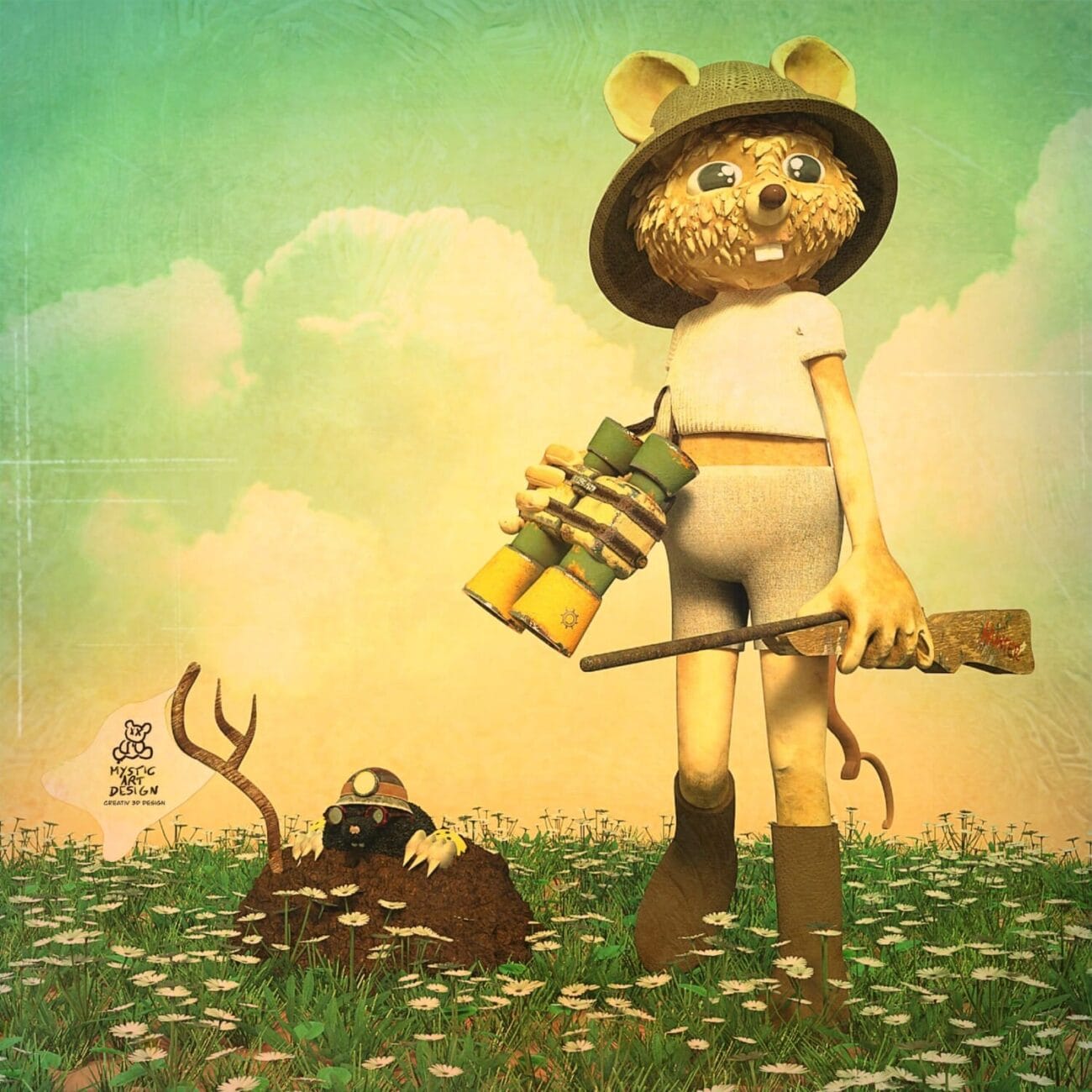 3D mouse explorer with binoculars meets miner mole in sunny meadow.