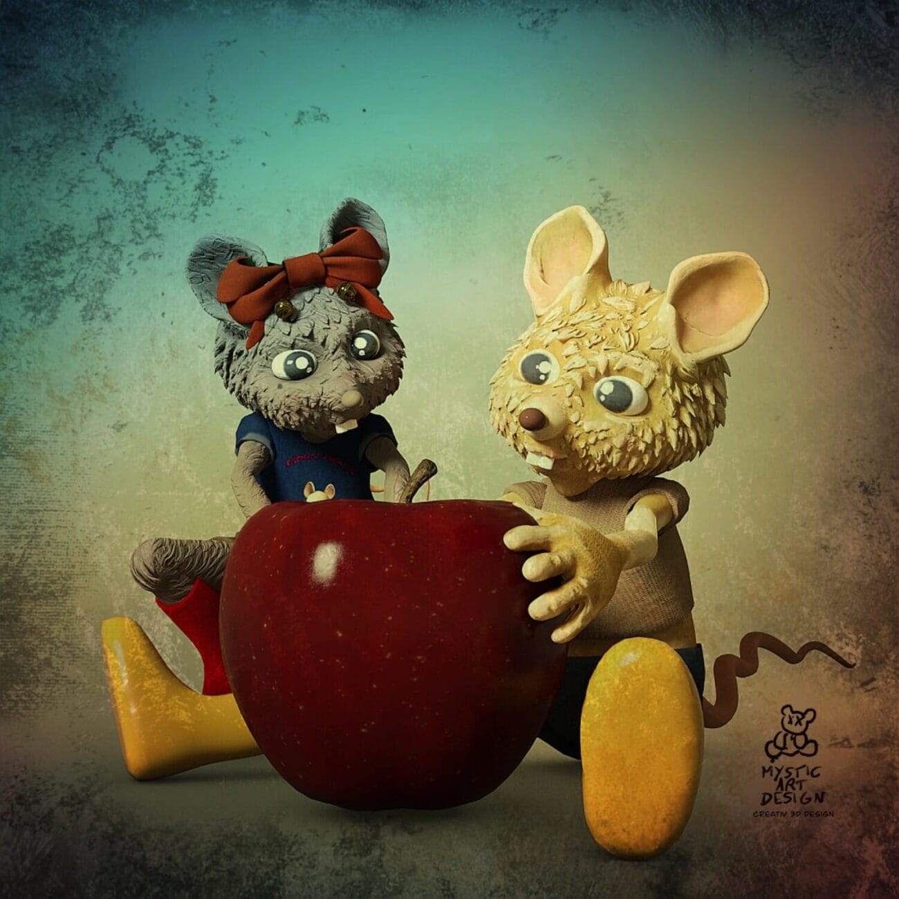 Cute 3D claymation mice sitting beside a giant red apple