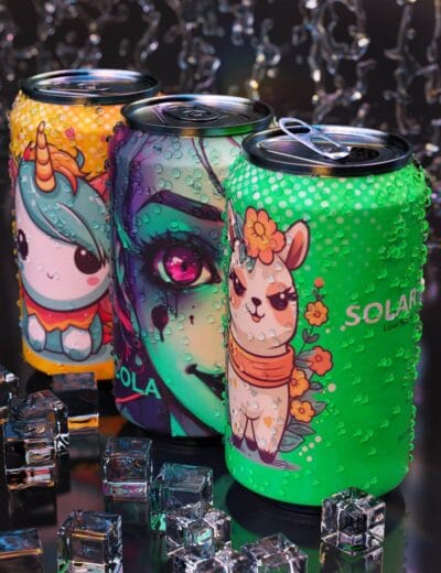 Colorful fantasy soda cans with unicorn, neon portrait, and alpaca on ice