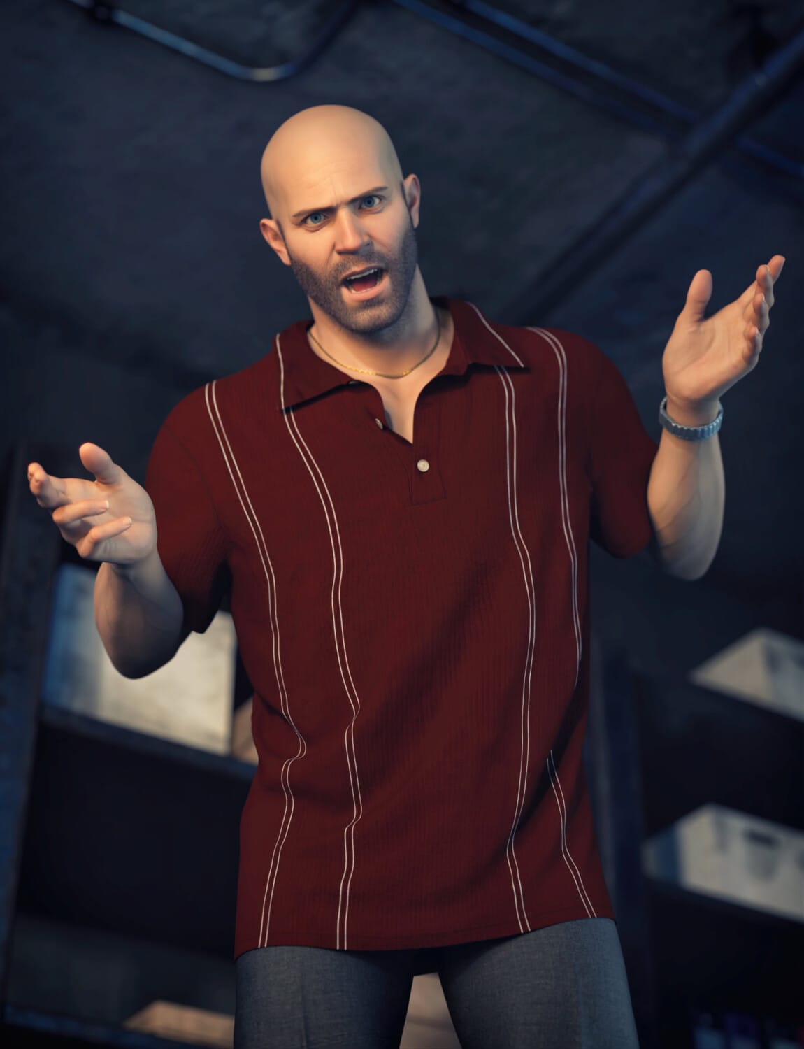 Versatile dForce Casual Shirt for Genesis 9 – Unisex Morphs 1 Realistic 3D bald bearded man arguing in dim industrial basement