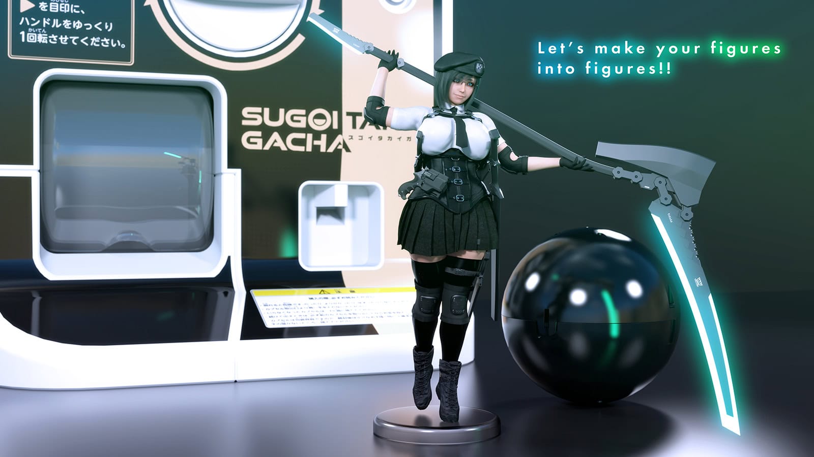Japanese Gacha Capsule Toy Vending Machine 3D Props Set 9 Anime collectible figure with glowing weapon near futuristic SUGOI TAI gacha machine