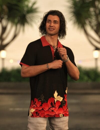 Genesis 9 man in black floral polo with red trim at sunset