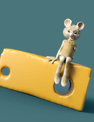 Cute cartoon mouse sitting shyly on a glossy golden cheese wedge.