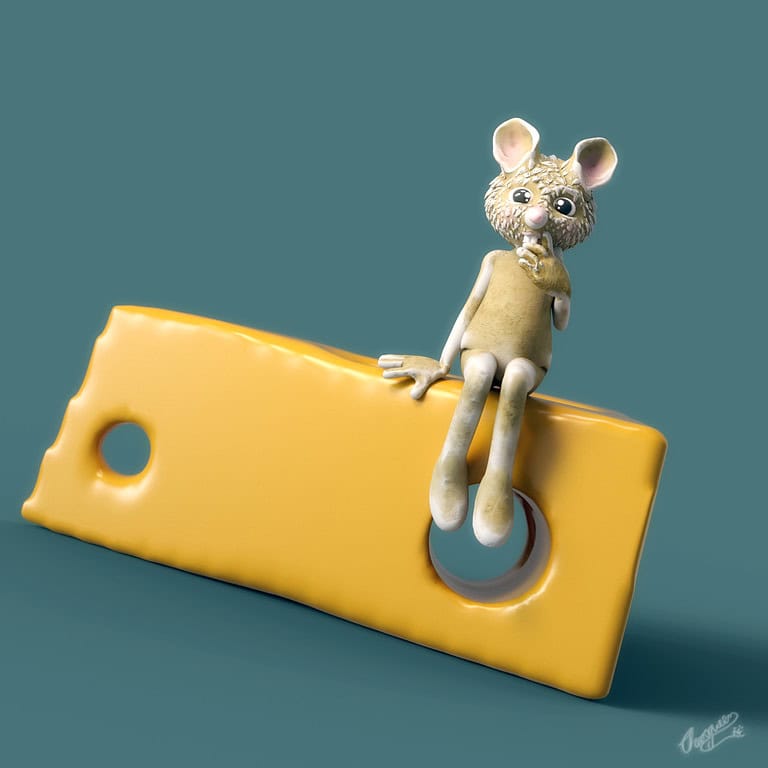 Cute cartoon mouse sitting shyly on a glossy golden cheese wedge.